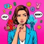 Комикс-иллюстрация главных ошибок на OnlyFans вакансии: девушка выбирает между работой соло и вакансиями агентства. Символы заработка, криптовалюты и рисков для модели и чатера