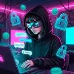 Анонимная работа чатером на OnlyFans. Девушка за ноутбуком в очках, вокруг символы безопасности, замки и криптовалюта USDT