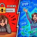 Комикс-иллюстрация сравнения платформ: модель страдает без трафика на старой платформе и успешно зарабатывает с алгоритмом рекомендаций FYP на Fansly
