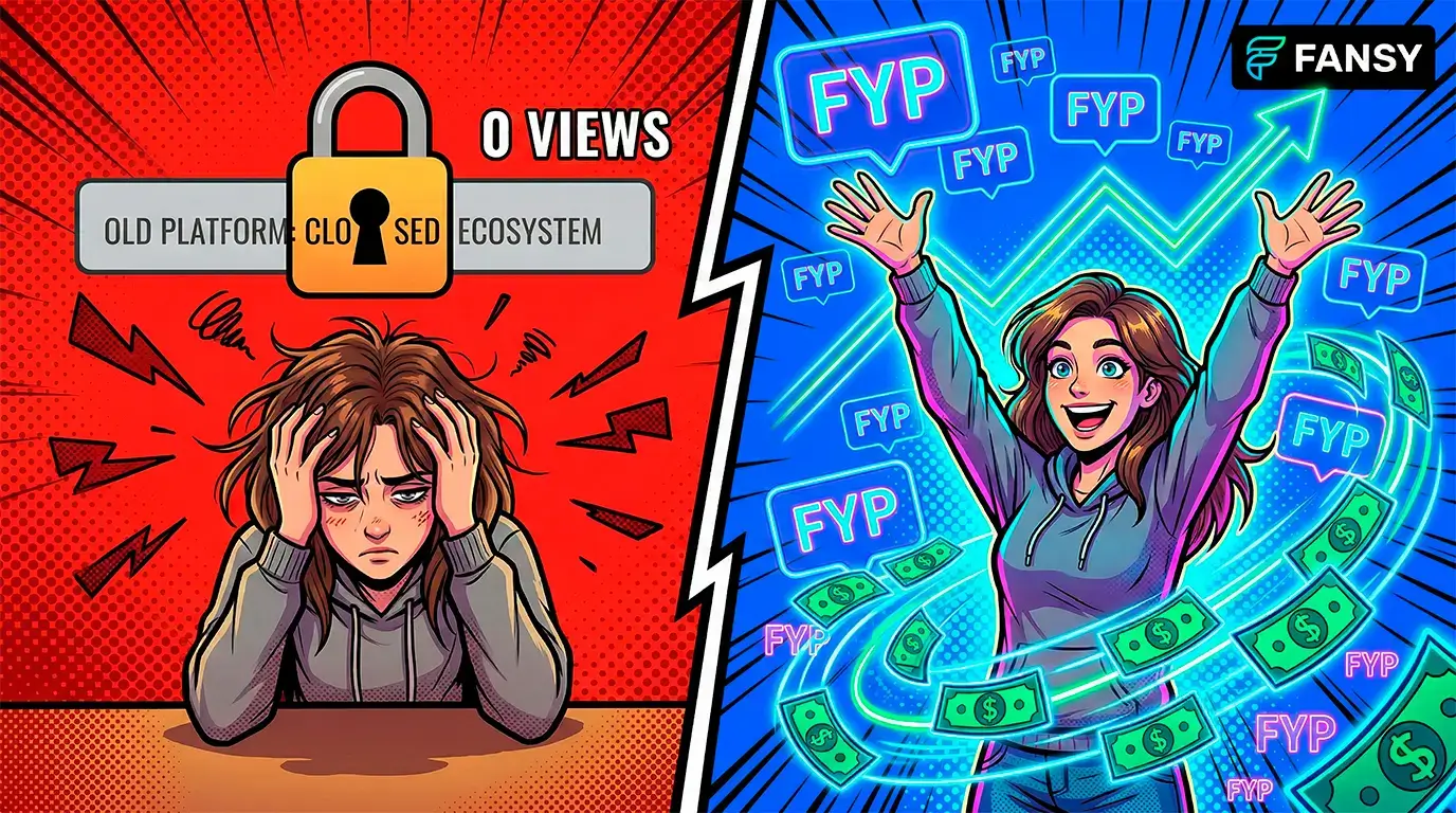 Комикс-иллюстрация сравнения платформ: модель страдает без трафика на старой платформе и успешно зарабатывает с алгоритмом рекомендаций FYP на Fansly