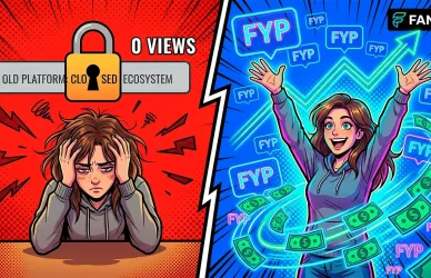 Комикс-иллюстрация сравнения платформ: модель страдает без трафика на старой платформе и успешно зарабатывает с алгоритмом рекомендаций FYP на Fansly