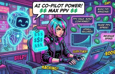 Комикс-иллюстрация: профессиональный ai чатер использует бота-ассистента и нейросети для продаж в чате, чтобы зарабатывать больше денег на платформе Girlswork